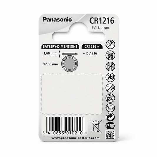 Back view of Panasonic CR1216 Lithium Coin Battery packaging