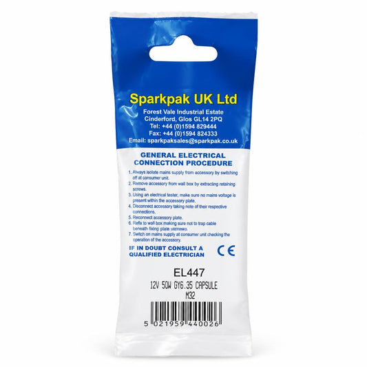 Back packaging of Sparkpak Halogen Capsule G6.35 12V 50W