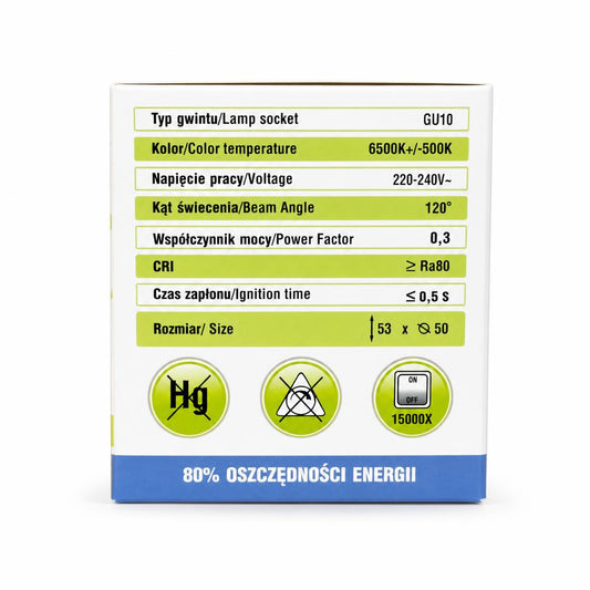Back view of Ecolight LED GU10 Lamp packaging showing specifications
