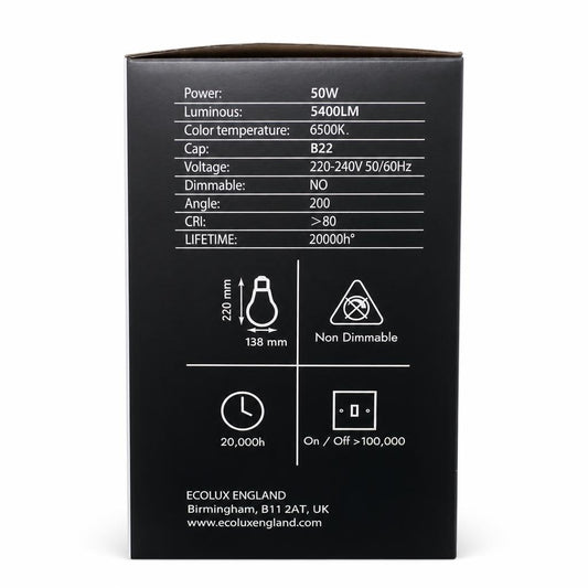 Ecolux 50W LED-T Bulb Back Specifications