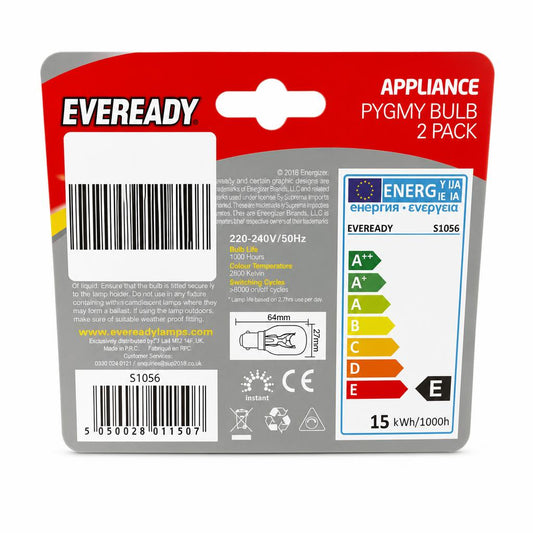 Back view of Eveready Pygmy Bulb 2 Pack packaging with specifications