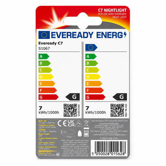 Eveready C7 Nightlight bulbs packaging back view with specifications