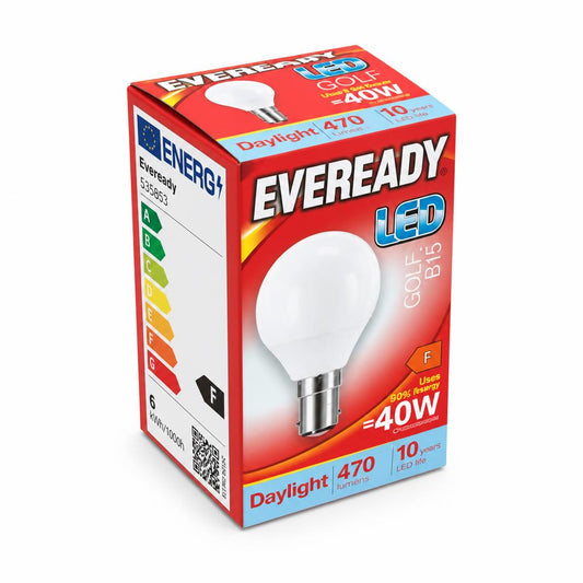 Side view of Eveready LED Golf Bulb packaging showing energy rating