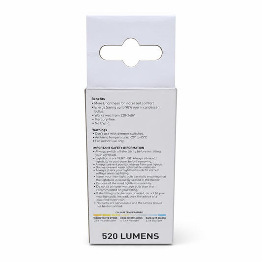 Back view of CK Lighting LED Lightbulb E14 6W Daylight packaging with safety and benefits information