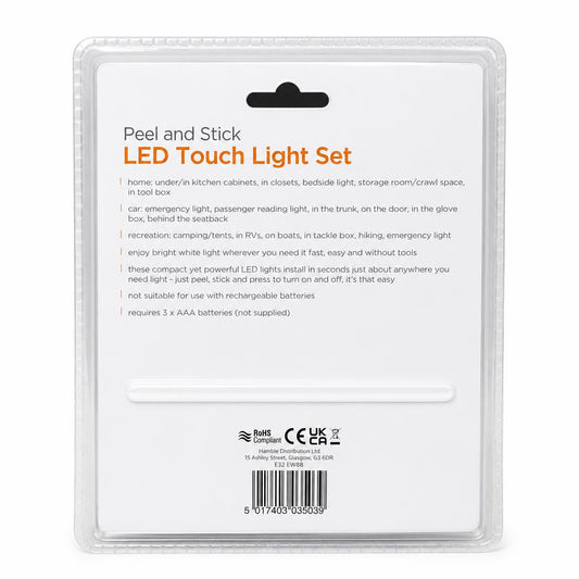 Back of Kingavon LED Touch Light Set package with details