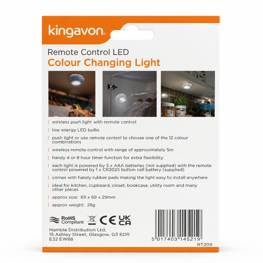 Back view of Kingavon Remote Control LED Colour Changing Light packaging