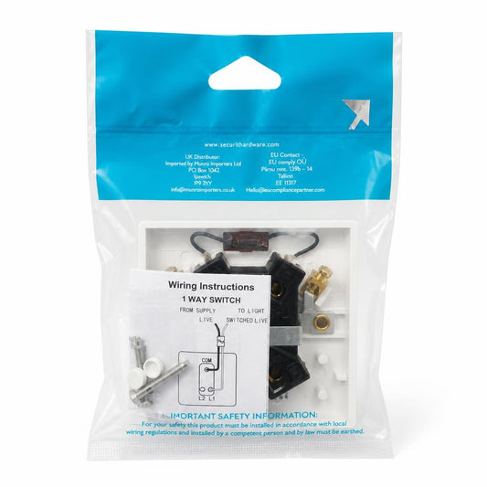 Back view of Securit 1 Gang Double Pole Switch packaging with instructions