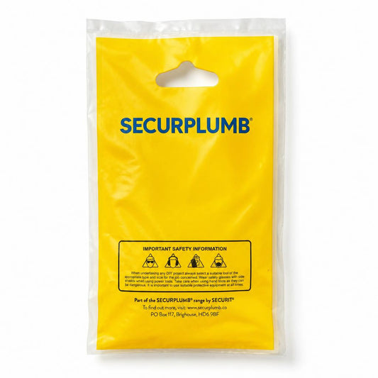 Back of SecurPlumb Saddle Pipe Clip packaging showing safety information
