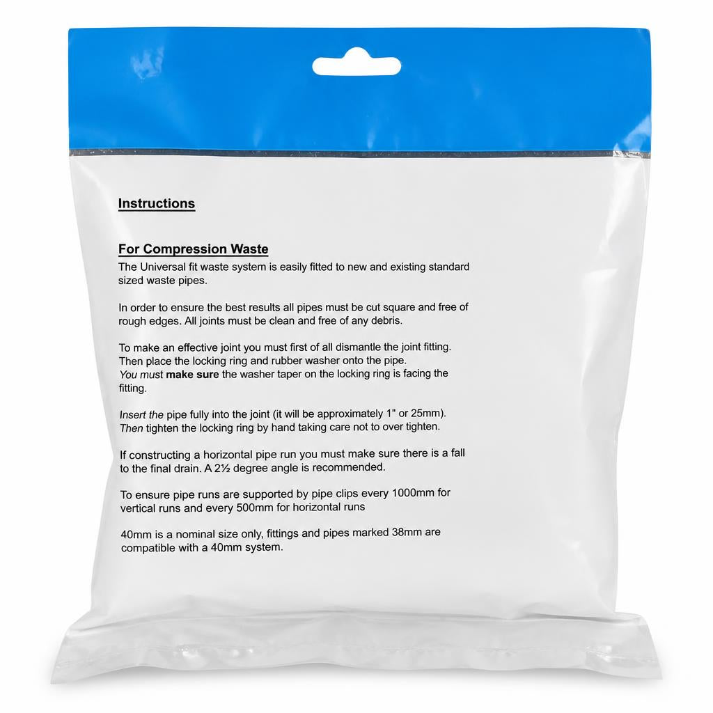 Back view of Make Flow Universal Shallow P Bath Trap packaging with installation instructions