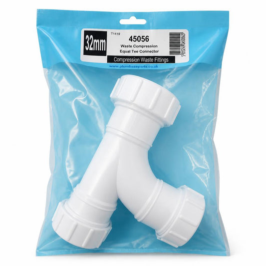 Front view of Plumb Best Waste Compression Equal Tee Connector in Packaging