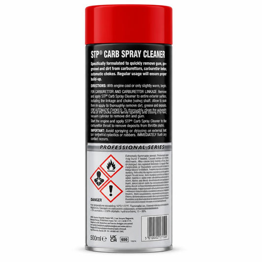 Back view of STP Carb Spray Cleaner with safety information and instructions