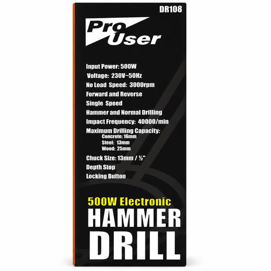 Side view of ProUser 500W Electronic Hammer Drill DR108 packaging