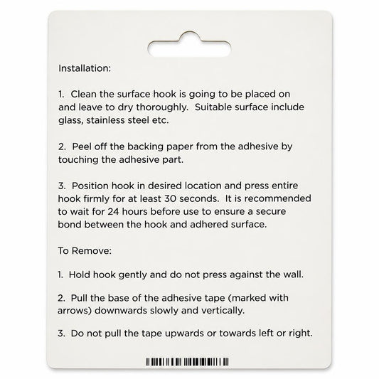 Back view of Ashley Housewares 5pc Removable Mini Square Hooks packaging and installation instructions
