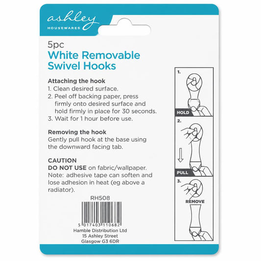 Back packaging instructions of White Removable Metal Swivel Hooks