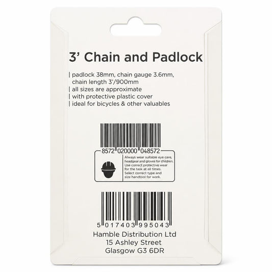 Chain and Padlock packaging back view with specifications