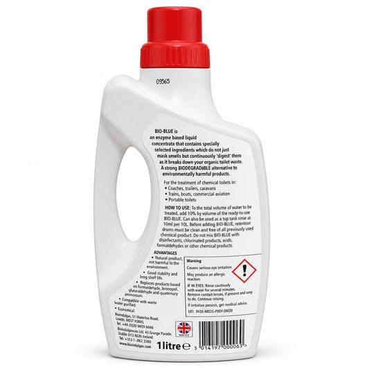 Bonda Bio Blue Biodegradable Toilet Treatment 1L back packaging with instructions and barcode