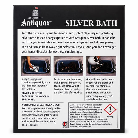Antiquax Silver Bath back packaging with usage instructions and safety warnings
