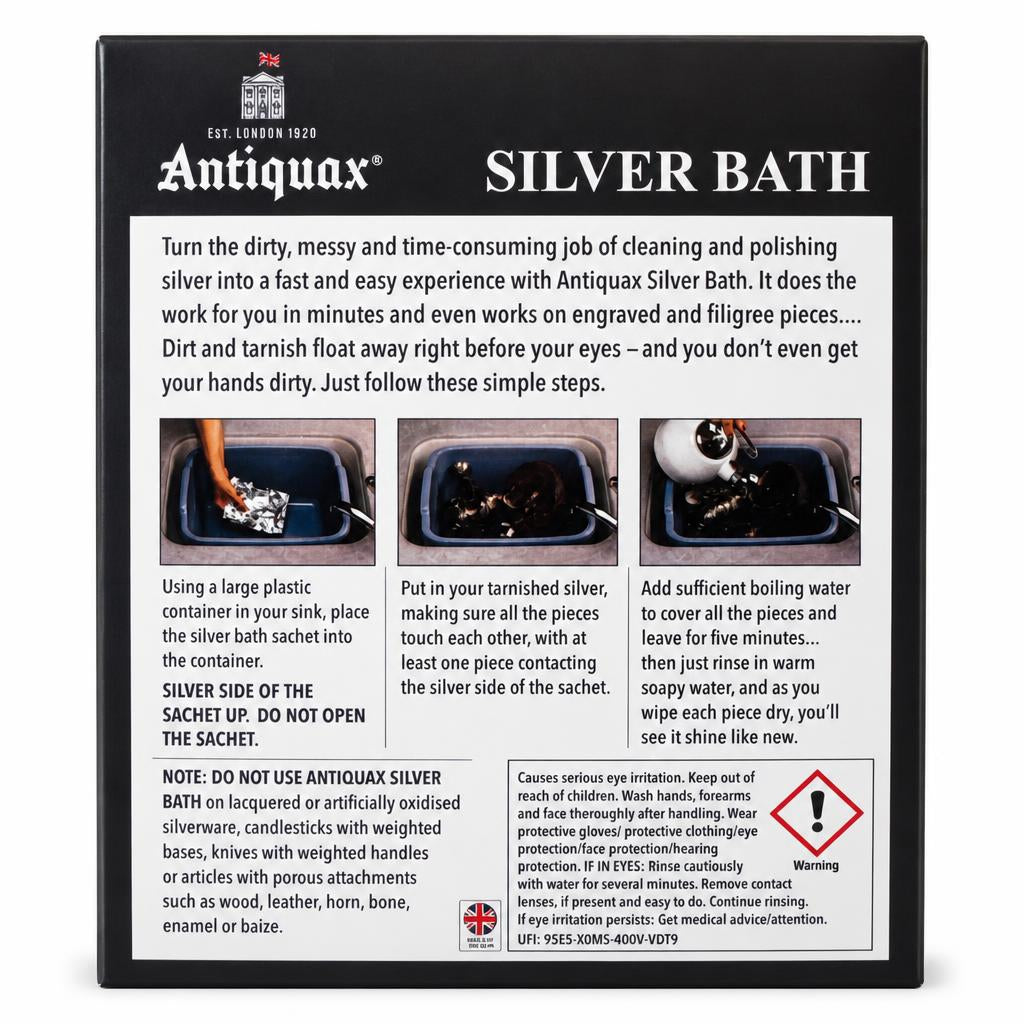 Antiquax Silver Bath back packaging with usage instructions and safety warnings