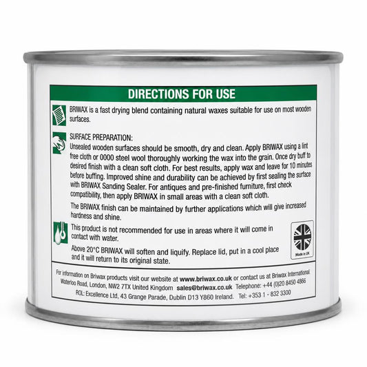 Briwax Natural Wax tin back label with directions for use and safety warnings