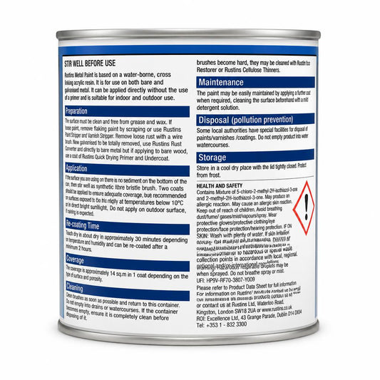 Back of Rustins Quick Dry Metal Paint can showing instructions
