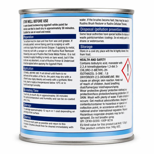 Back view showing instructions and safety information of Rustins Eggshell Paint