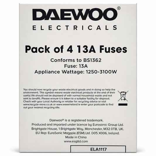 Back packaging of Daewoo Electricals 13A Fuse Pack of 4