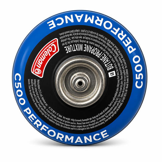 Top view of Coleman Performance Gas C500 cylinder showing valve