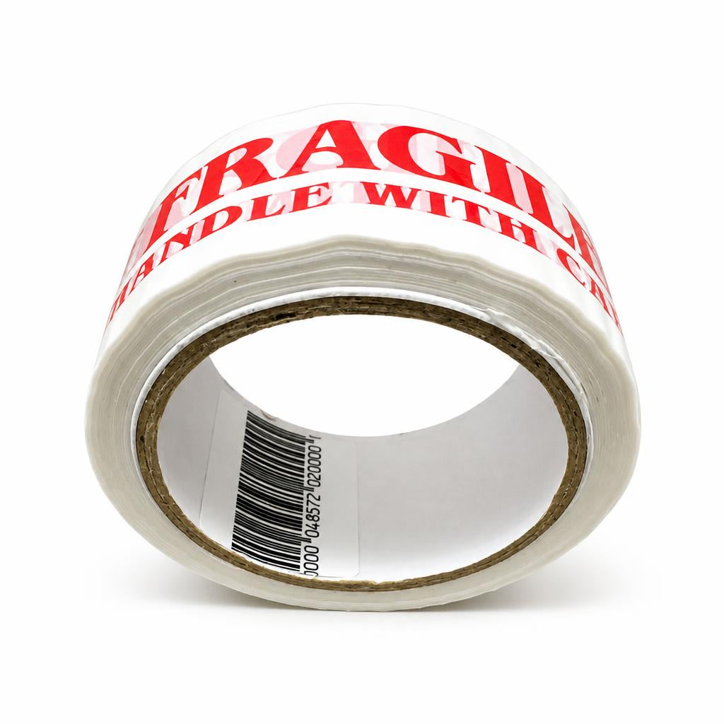 Side view of Fragile Handle With Care Tape roll showing barcode