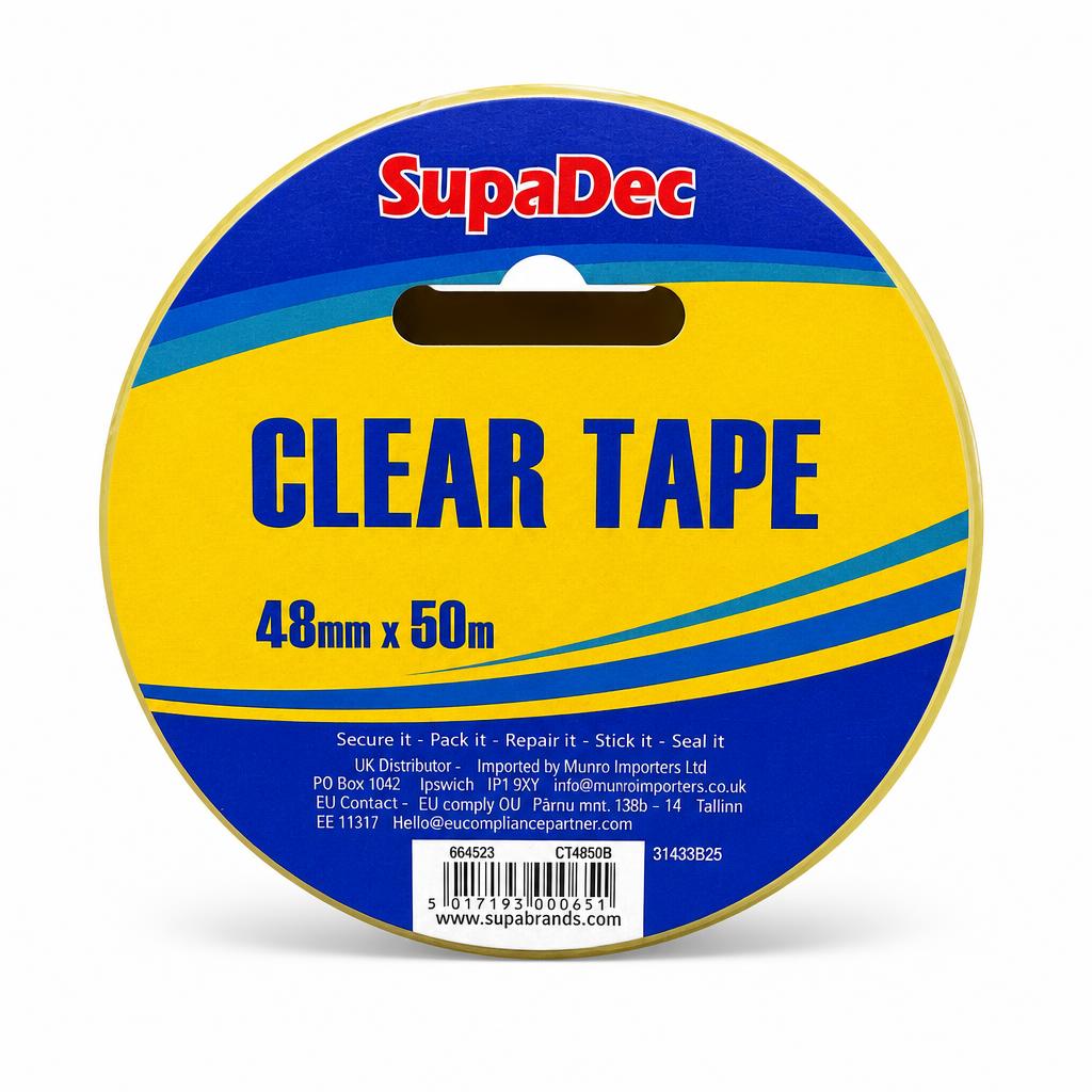 Close-up of SupaDec Clear Tape label and specifications
