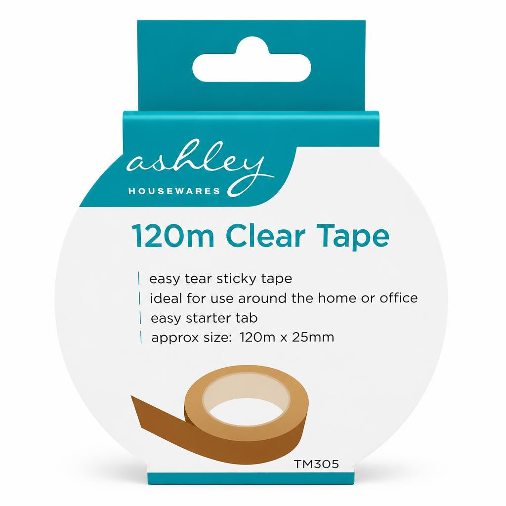 Front view of Ashley Housewares 120m clear tape packaging