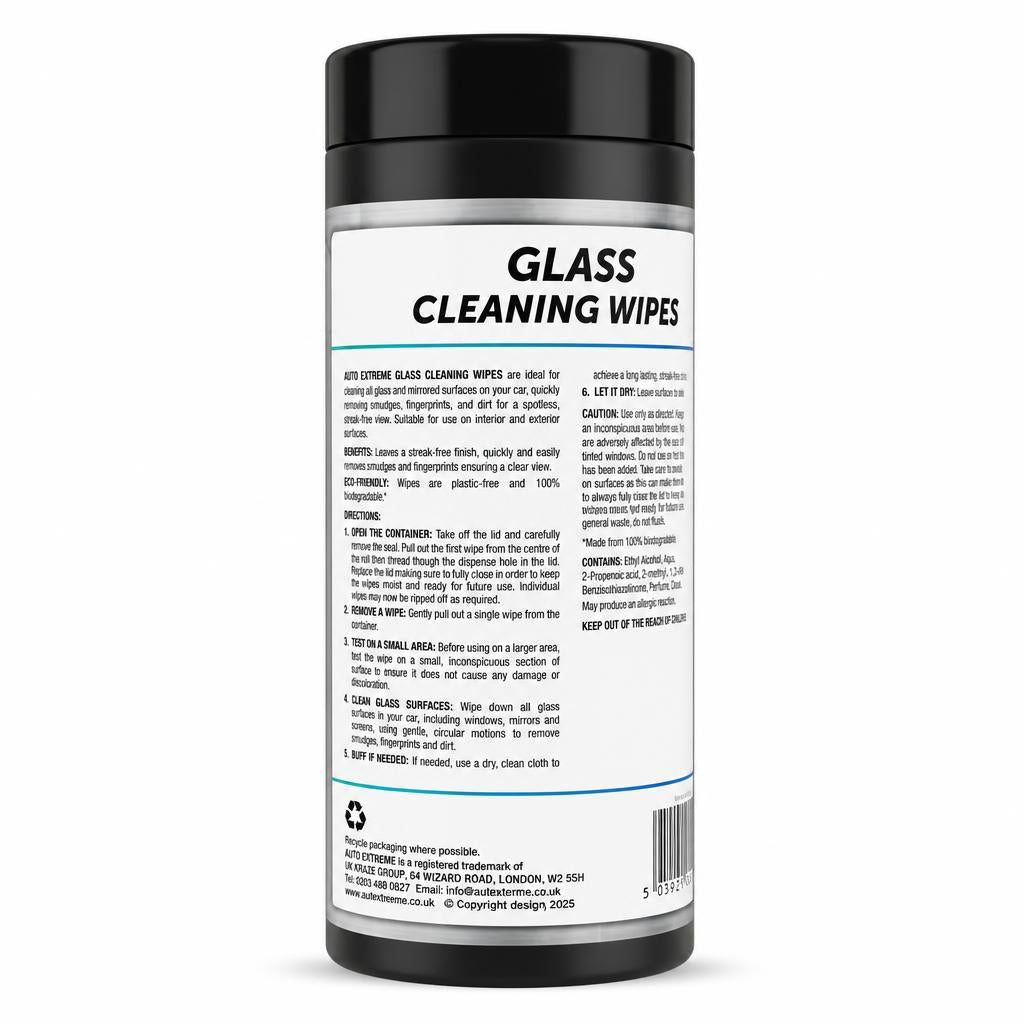 Back packaging of Auto Extreme Glass Cleaning Wipes with instructions