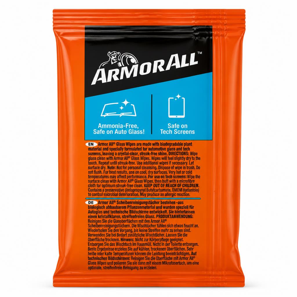 Armor All Glass Wipes back packaging instructions