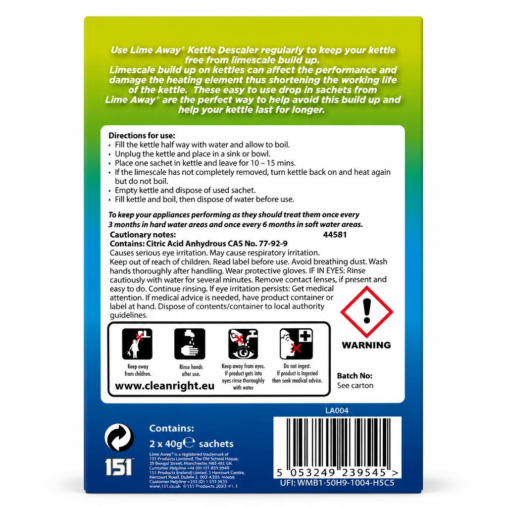 Back packaging of Lime Away Kettle Descaler with instructions and safety warnings