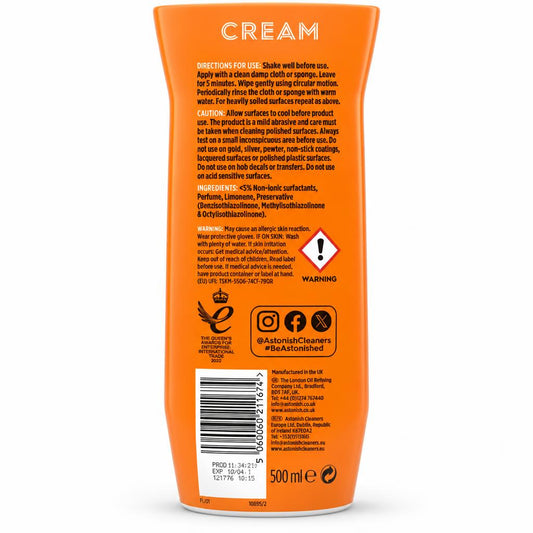 Back of Astonish Specialist Hob Power Cream bottle with warnings and instructions