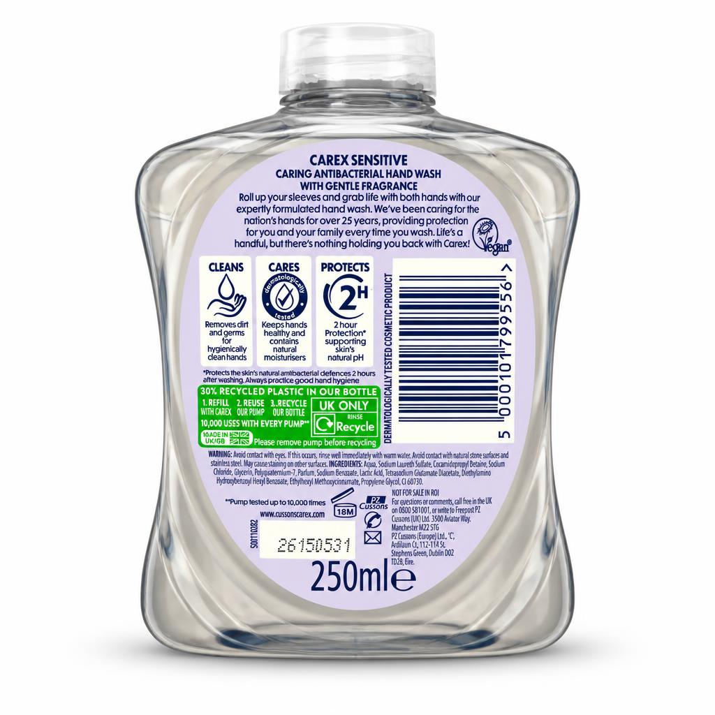 Back label of Cussons Carex Antibacterial Hand Wash detailing features