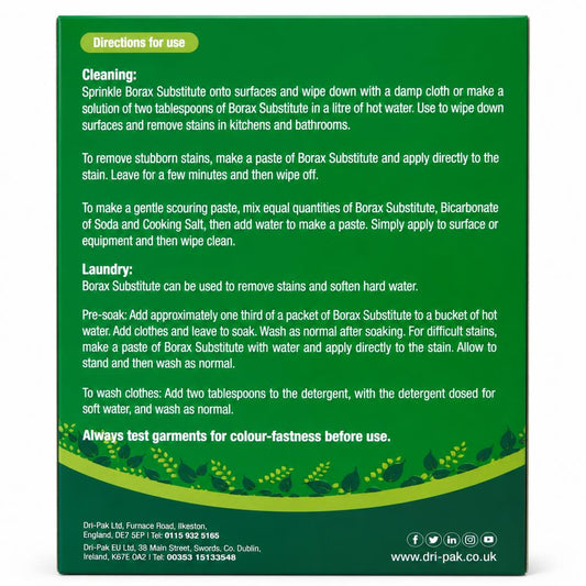 Dri-Pak Borax Substitute directions for use packaging back