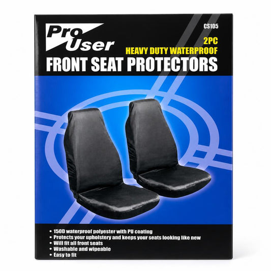 Pro User Front Seat Protectors displayed packaging