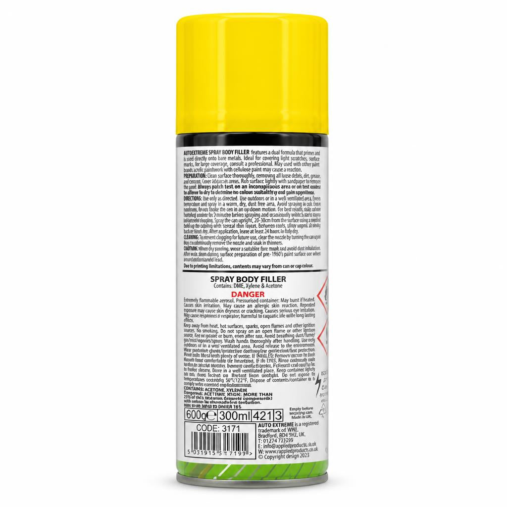 Back of Auto Extreme Body Filler Spray showing instructions