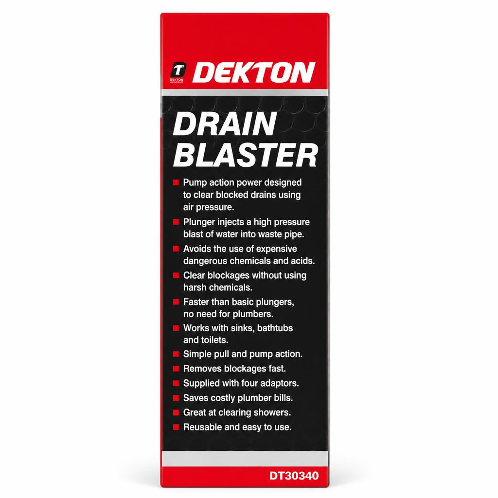 Side view of Dekton Drain Blaster packaging with features