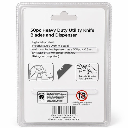 Back of Blackspur 50pc Utility Knife Blades packaging with details