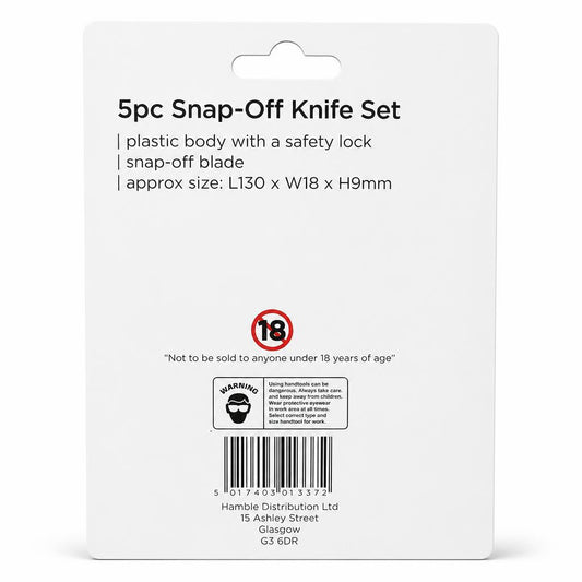 Back view of packaging for Blackspur 5pc Snap-Off Knife Set KN325