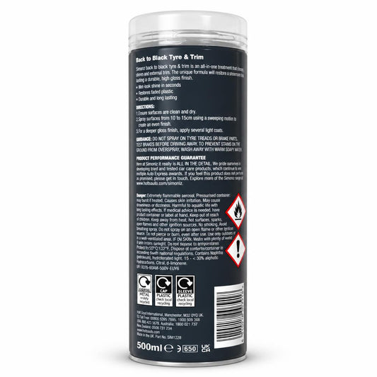 Simoniz Back to Black Tyre & Trim spray can information panel