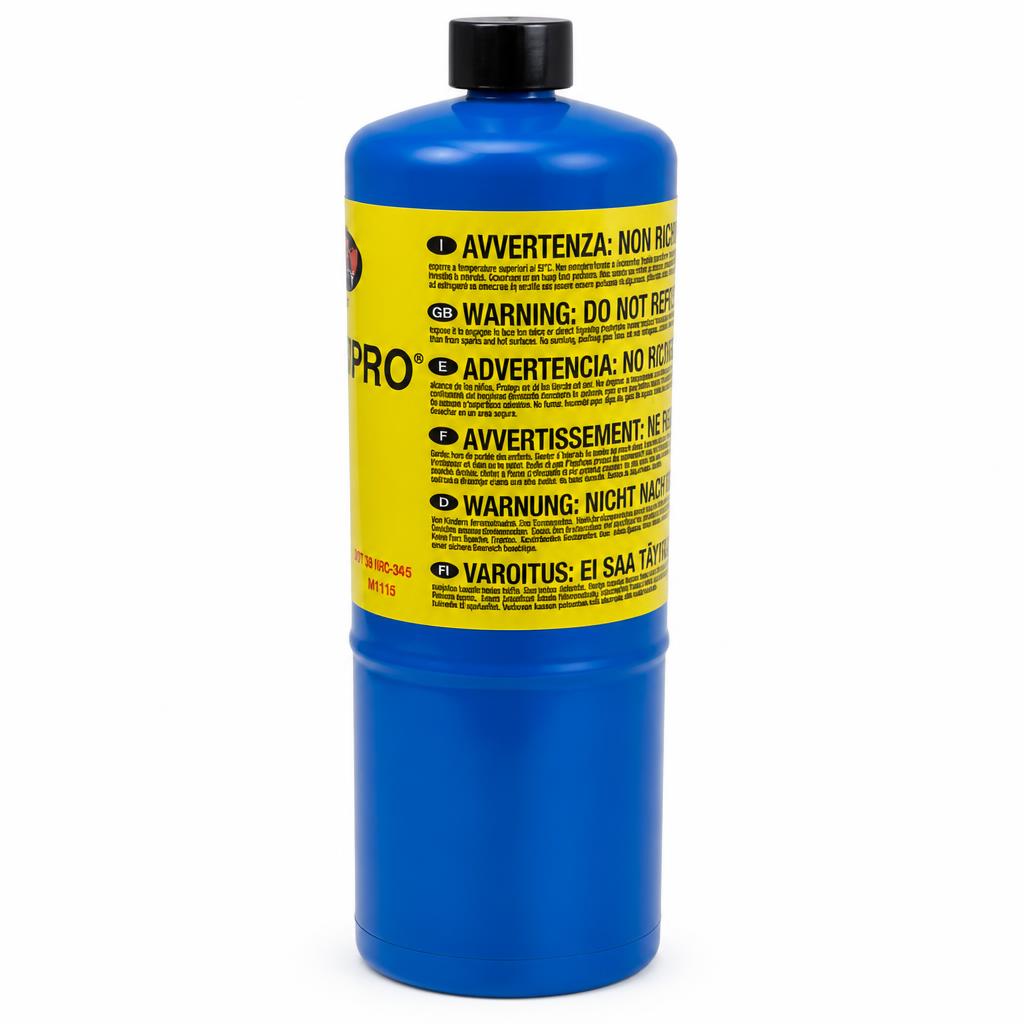 Side view of GoSystem PropanPro Propane Cylinder with warnings