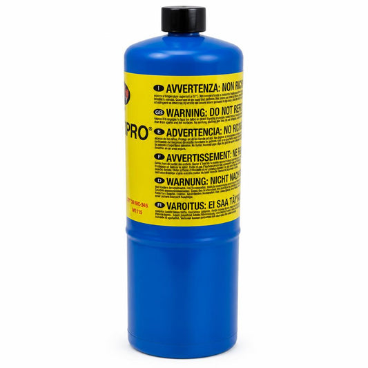 Side view of GoSystem PropanPro Propane Cylinder with warnings
