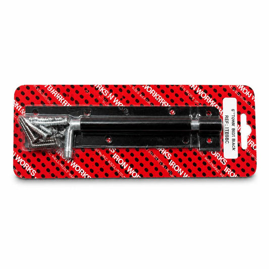 Ironworks 6" Tower Bolt Black side view on packaging