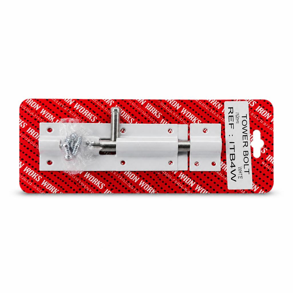 Iron Works Tower Bolt 4-inch White packaging side view