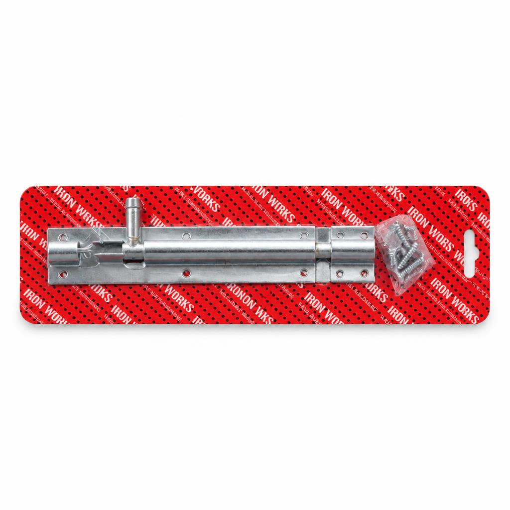 Angled view of Iron Works 6 inch zinc tower bolt with screws