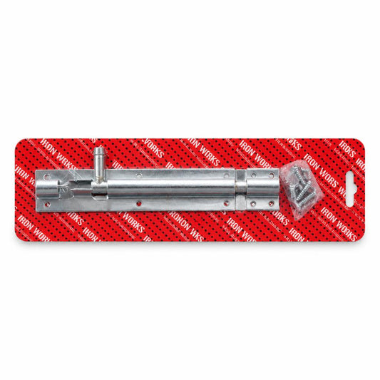 Angled view of Iron Works 6 inch zinc tower bolt with screws
