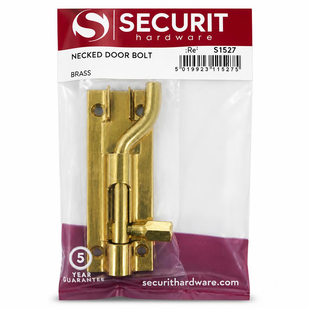Close-up of Securit necked door bolt in packaging