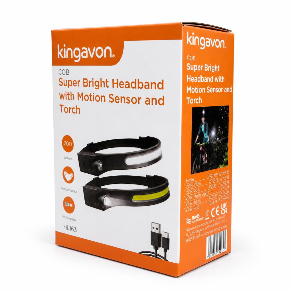 Kingavon COB Super Bright Headband with Motion Sensor box back view